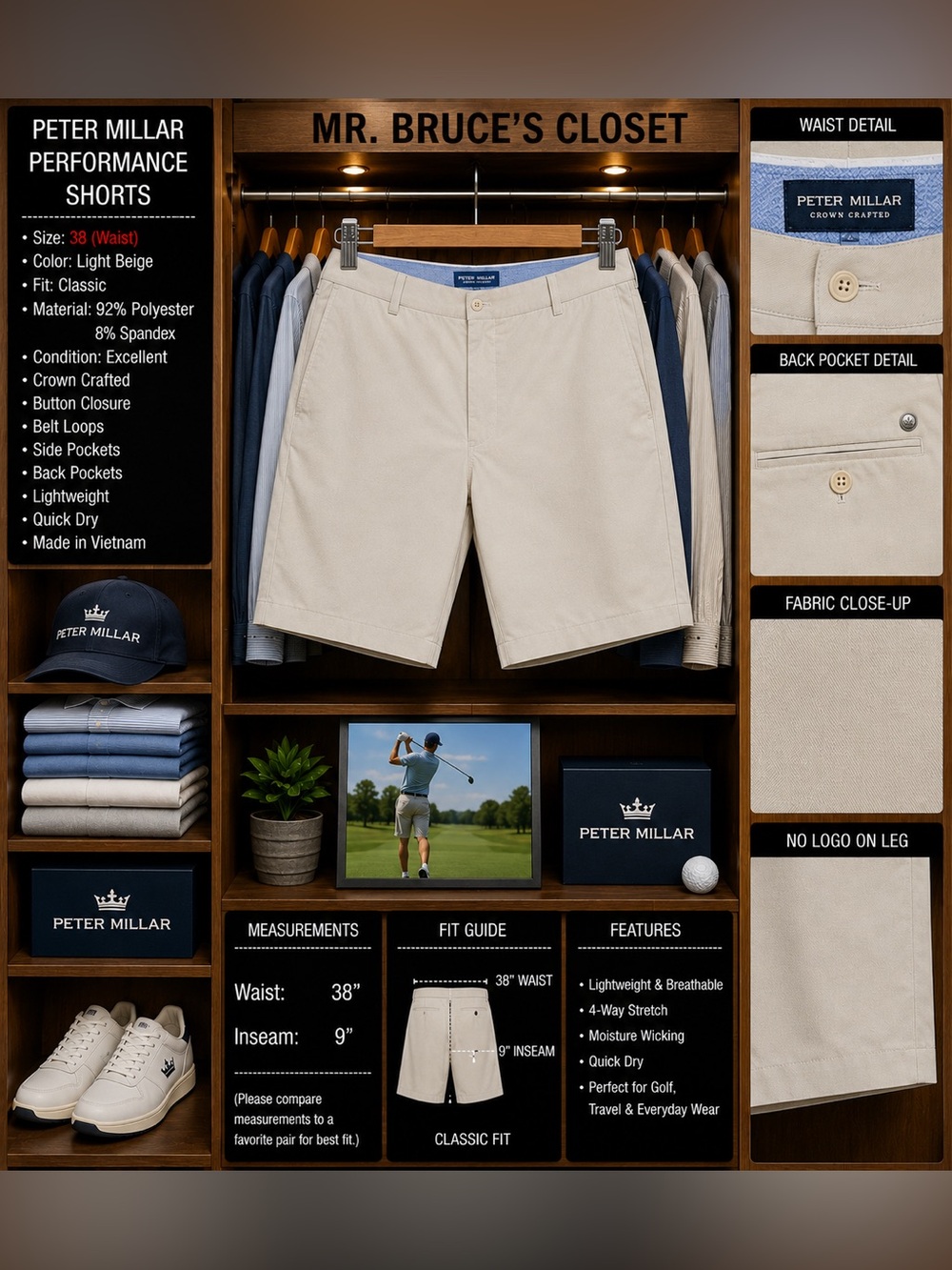 Peter Millar Light Beige Performance Men’s Shorts